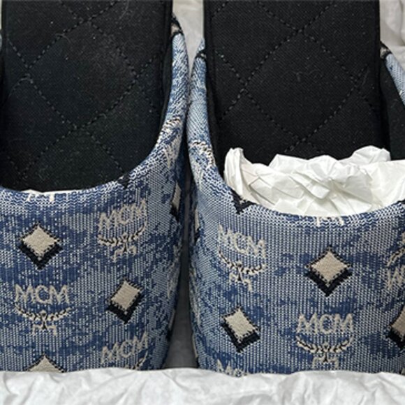 MCM - Women's Blue Denim Monogram Slide Slippers - NIB - Picture 6 of 8